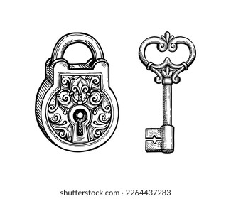 Vintage padlock and key. Ink sketch isolated on white background. Hand drawn vector illustration. Retro style.