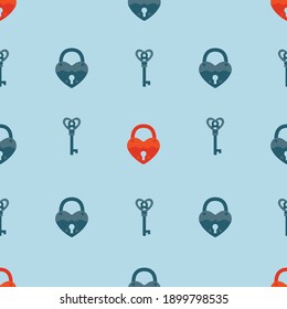 Vintage padlock and key on a blue background. Vector, seamless pattern.