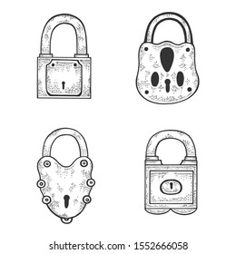 Vintage padlock set sketch engraving vector illustration. T-shirt apparel print design. Scratch board imitation. Black and white hand drawn image.