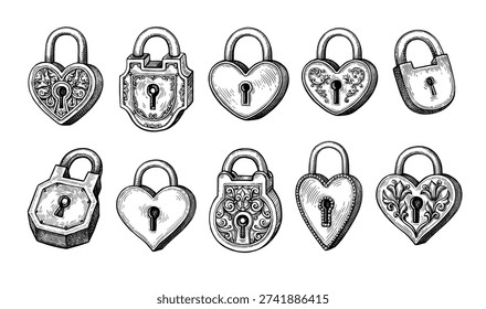 Vintage padlocks. Big collection of ink sketches. Hand-drawn engraving illustrations.