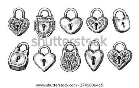 Vintage padlocks. Big collection of ink sketches. Hand-drawn engraving illustrations.