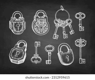 Vintage padlocks and keys collection. Chalk sketches on blackboard background. Hand drawn vector illustration. Retro style.