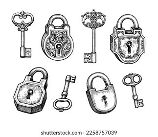 Vintage padlocks and keys collection. Ink sketches isolated on white background. Hand drawn vector illustration. Retro style.