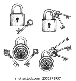 Vintage padlocks and keys set. Collection of hand drawn sketch safety and security symbols. Retro style collection. Vector illustrations isolated on white.