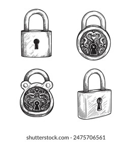 Vintage padlocks set. Hand drawn sketch style safety symbol. Vintage retro collection. Vector illustration isolated on white.