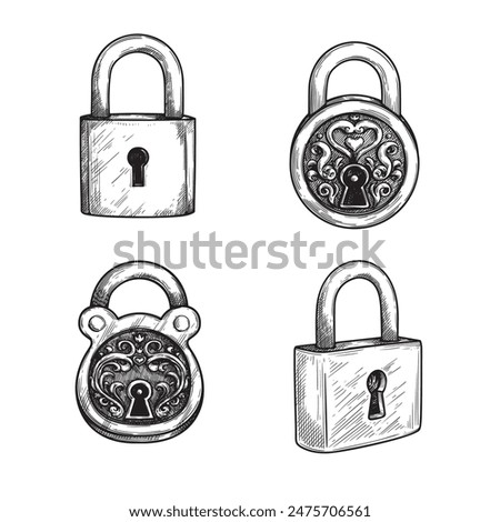 Vintage padlocks set. Hand drawn sketch style safety symbol. Vintage retro collection. Vector illustration isolated on white.