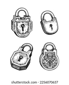 Vintage padlocks set. Ink sketches isolated on white background. Hand drawn vector illustration. Retro style.