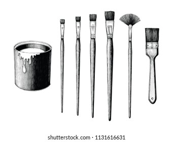 Vintage paint brushes set and paint can hand drawing clip art isolated on white background