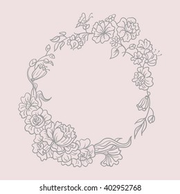 Vintage painted round floral frame. Vector illustration.