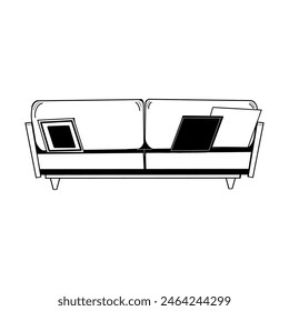 Vintage painted sofa with pillows and soft backrest. Vector illustration, sofa hand drawn in vector in black color. For designing interior sketches and visualizations. For printing and scrapbooking.