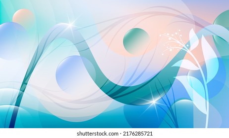 Vintage painting in delicate pastel colors. Abstract vegetal elements above the surface of overlapping shapes with wavy edges, flowing stripes, highlights and glows. Vector.