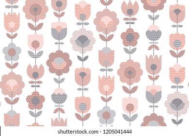 Vintage pale pink geometric flower seamless pattern. Retro inspired pastel color repeatable floral motif for fabric, wrapping paper, background.