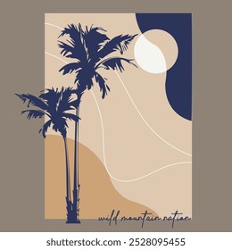 Vintage palm praia pôr do sol cartaz decorativo ou parede arte impressão com palma três silhueta. Ilustração vetorial