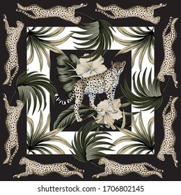 Vintage palm leaves floral, hibiscus flower, cheetah running, leopard animal geometric pattern white background. Exotic tropical scarf.