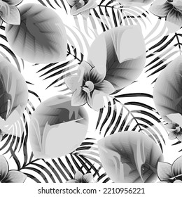 vintage palm leaves seamless pattern with abstract tropical leaves and flowers plants foliage on white background. watercolor style. Floral background. prints textile. foliage background. natural