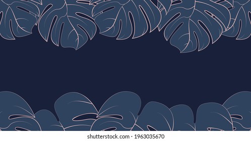 Vintage palm leaves Vector template with copy space Gold and blue outline monstera leaves on deep blue background