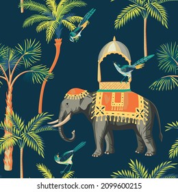 Vintage palm tree, bird, indian elephant seamless pattern dark background. Exotic floral wallpaper.