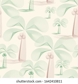 vintage palm tree with coconut seamless pattern on light yellow background. dashed line blended vector