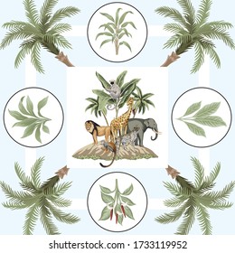 Vintage palm tree floral, plant, lion, african elephant, monkey, sloth animal, island pattern blue background. Exotic tropical scarf.