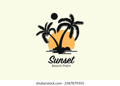 Vintage palm tree island logo design with sunset view in coast concept idea summer vibes .Vintage logo brand.Vector illustration