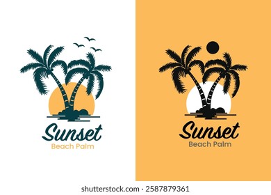 Vintage palm tree island logo design with sunset view in coast concept idea summer vibes .Logo brand.Vector illustration