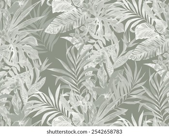 Patrón de palmera de Antiguas en gráfico de Vector, patrón de fondo tropical en vibraciones botánicas de verano, efectos de textura grunge este estampado, se utiliza para la tela textil por todas partes, diseño de camiseta
