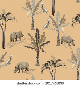 Vintage palm tree, rhinos, parrots with a seamless pattern on a beige background. Exotic safari wallpapers.