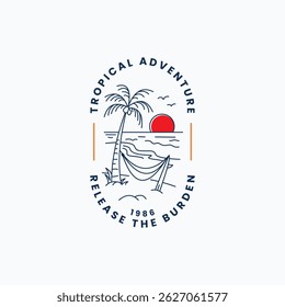 Palmeira vintage, pôr do sol, rede e prancha logotipo vetor ilustração design. Ideal para blogs de viagem, anúncios de férias, revistas de estilo de vida e conceito de rótulo de destinos tropicais.