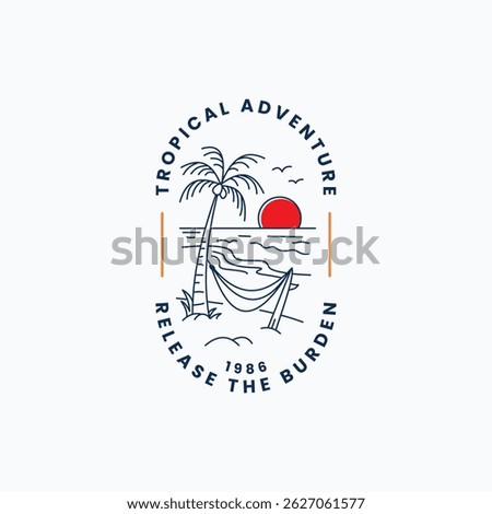 Vintage palm tree, sunset, hammock and surfboard logo vector illustration design. Ideal for travel blogs, vacation advertisements, lifestyle magazines, and tropical destinations label concept.