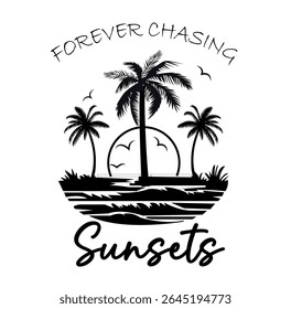 Vintage Palm Tree and Sunset Silhouette T-shirt Design. Black and white sunset illustration with palm trees and text – perfect for t-shirt prints, summer posters, and chill vacation vibes.
