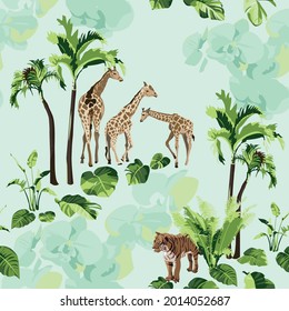 Vintage palm tree, tiger, giraffe, animal with a seamless floral pattern  blue background. Exotic safari wallpapers.