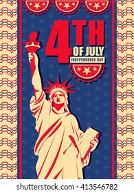 Vintage Pamphlet, Banner or Flyer design with Statue of Liberty on stars decorated background for 4th of July, American Independence Day celebration.