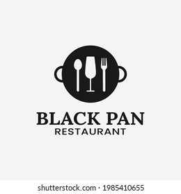Vintage Pan with Glass Spoon Fork for Restaurant Logo Design Template. Suitable for Restaurant Bar Kitchen Cafe Catering Business Brand Company Logo Design.