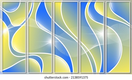 Vintage panel in blue and yellow colors. Intertwining smooth lines, flashes of light against the background of shiny shapes with wavy edges and a white stroke. Five images in white thin frames. Vector