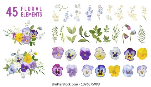 Vintage pansy flowers and leaves, spring violet florals in watercolor style. Vector summer garden design element collection. Blossom illustration set