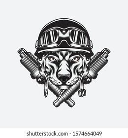 Vintage panther wearing a motorcycle helmet with spark plug illustration for logo, apparel or other merchandise