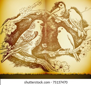 vintage paper with artist drawing of birds