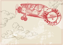 Vintage Paper Background With Plane And Clouds