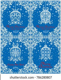 Vintage paper blue applique collection for Christmas and New year greetings with hanging bell, snowflakes and decorative floral borders