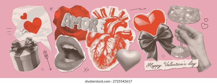 Elementos de Collage de papel de Antiguas para el día de San Valentín con efecto semitono. Pegatinas de corte vintage de moda para tarjeta, Anuncio. Boca, mano, corazones y caja de regalo. Diseño de Vector zine retro divertido.
