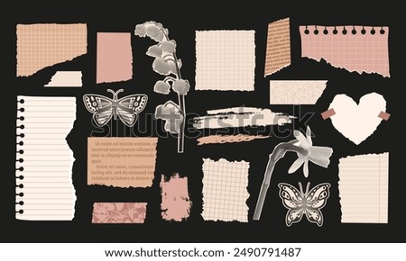 Vintage paper collage set. Halftone flowers and butterflies silhouette. Adhesive tapes with textured pattern. Copy book raged sheet. Old romantic crafts. Vector illustration. Torn message sticker.