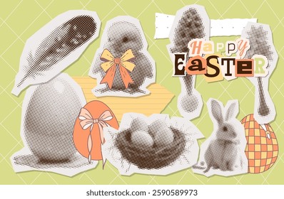 Vintage paper collage of traditional Easter elements set with April holiday bunny, eggs, chick, spring flowers and bird nest. Retro artwork torn paper stickers vector collection.