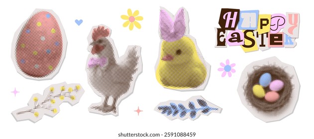 Vintage paper collage of traditional Easter elements set with April holiday bunny, eggs, chick, spring flowers and bird nest. Retro artwork torn paper stickers vector collection.