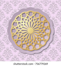 Vintage paper cut background. 3d golden lacy circular decoration on seamless damask ornamental background. Invitation or greeting card design template. Laser cutting element. Vector illustration