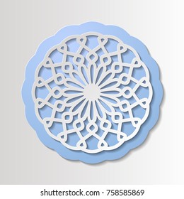 Vintage paper cut background. 3d cutout lace circular decoration. Simple mandala round shaped pattern. Invitation or greeting card design template. Laser cutting element. Vector illustration