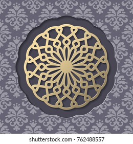 Vintage paper cut background. 3d golden lacy circular decoration on seamless damask ornamental background. Invitation or greeting card design template. Laser cutting element. Vector illustration