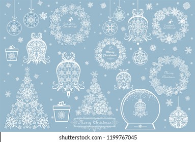 Vintage paper cut out white elements collection with christmas tree, bell, bauble, globe, xmas wreath, giftbox, snowflakes and hanging balls