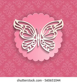 Vintage paper cut vector background. 3d lacy butterfly on seamless pink ornamental pattern. Wedding invitation, greeting card or Valentine day design template. Vector illustration