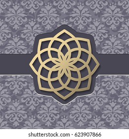 Vintage paper cut vector background. 3d golden lacy circular decoration on grey ornamental background. Invitation or greeting card design template. Laser cutting element. Vector illustration