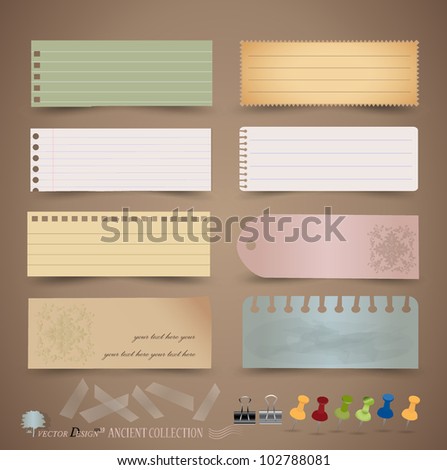 Vintage paper designs: various note papers, ready for your message. Vector illustration.